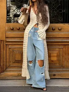 Women's Plain Hollow Out Button Front Lightweight Cardigan, Elegant Chic Flounce Sleeve Fitted Knitwear for Summer, Fashion Women's Knit Clothing for Daily Wear, Spring Womenswear Knitting