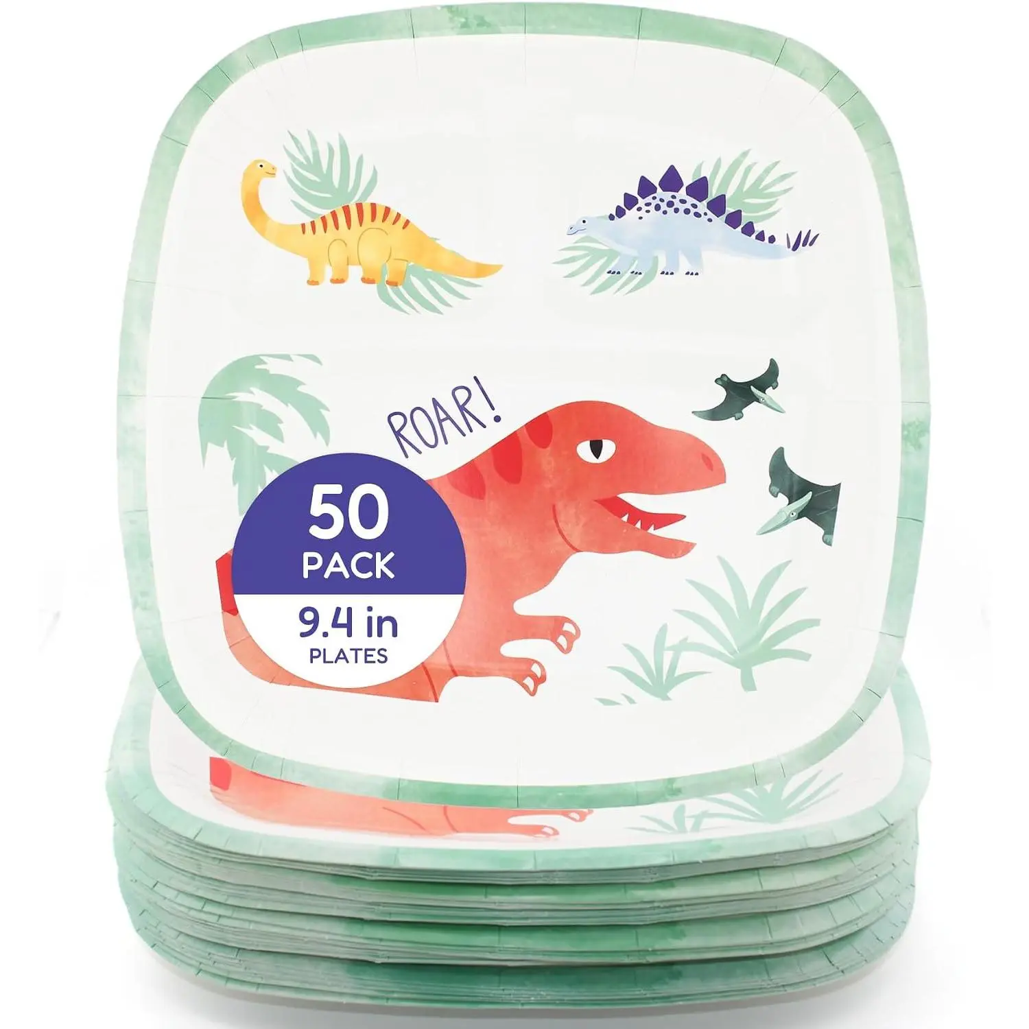 Dinosaur Paper Plates for  Party - 50 Pack 9.4 inch Square Paper Plates, Soak &  Proof Disposable Plates for Boys Girls Birthday,  Shower, School Events, Roar Party Supplies