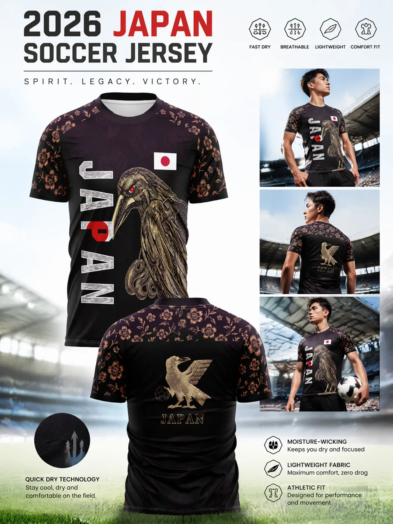 2026 Japan Soccer Jersey, Football Shirt, Mesh Cherry Blossom Print, Quick-Dry Breathable Lightweight Sport Fitted T-Shirt, Ideal for Fans Training Matches, Fan Sportswear Top
