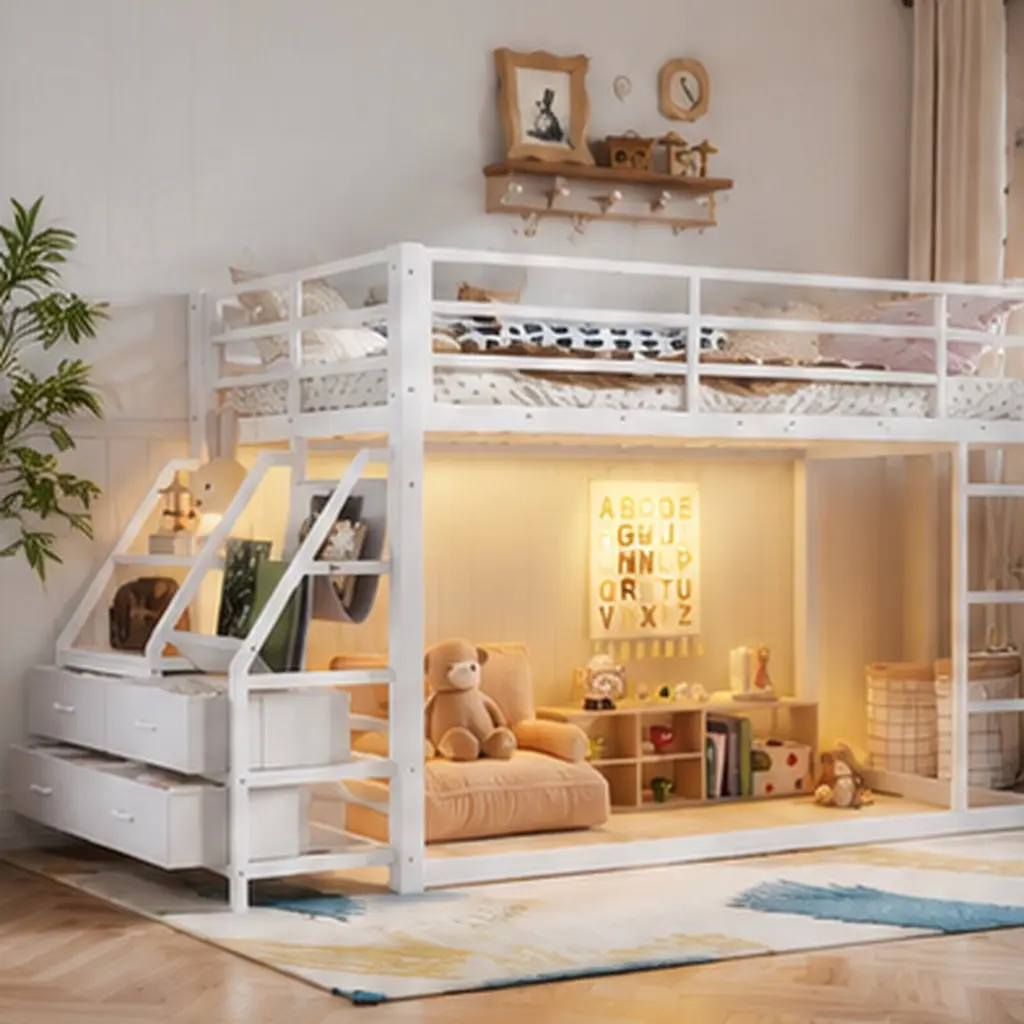 ARCH Twin over Twin Metal Bunk Bed with Storage Shelves and Drawers, LED Lights, No Box Spring Needed, Antique White MDF+Steel Frame for Teens Kids Bedroom, Space-Saving Loft Bed with Staircase Shelves, Twin Size Options, Antique White Color Options
