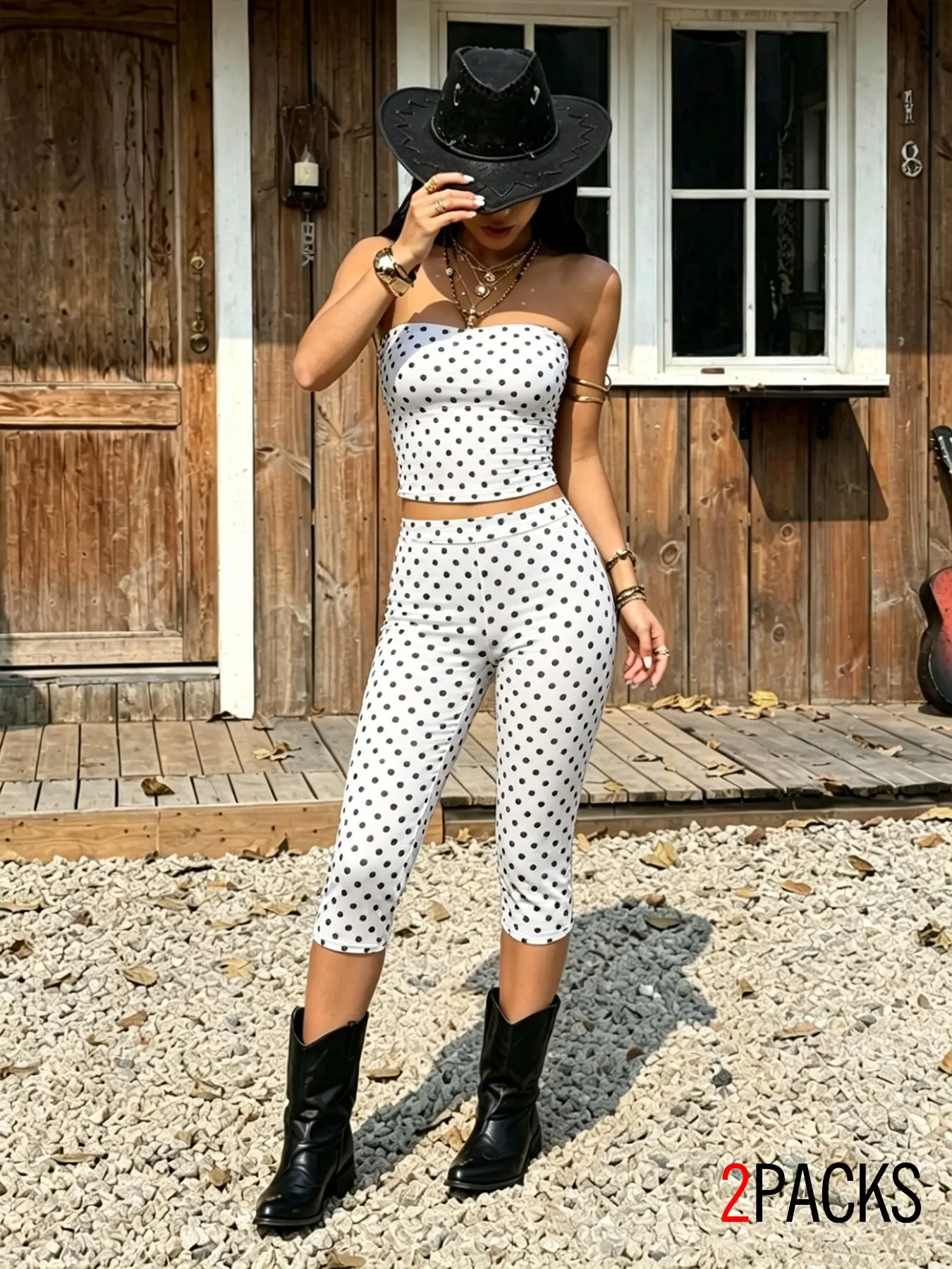 Vintage Western Cowboy Style Polka Dot 2 Piece, Strapless Crop Top & Fitted Capri Pants, Stretch Comfy Fabric, Festival & Outdoor Wear