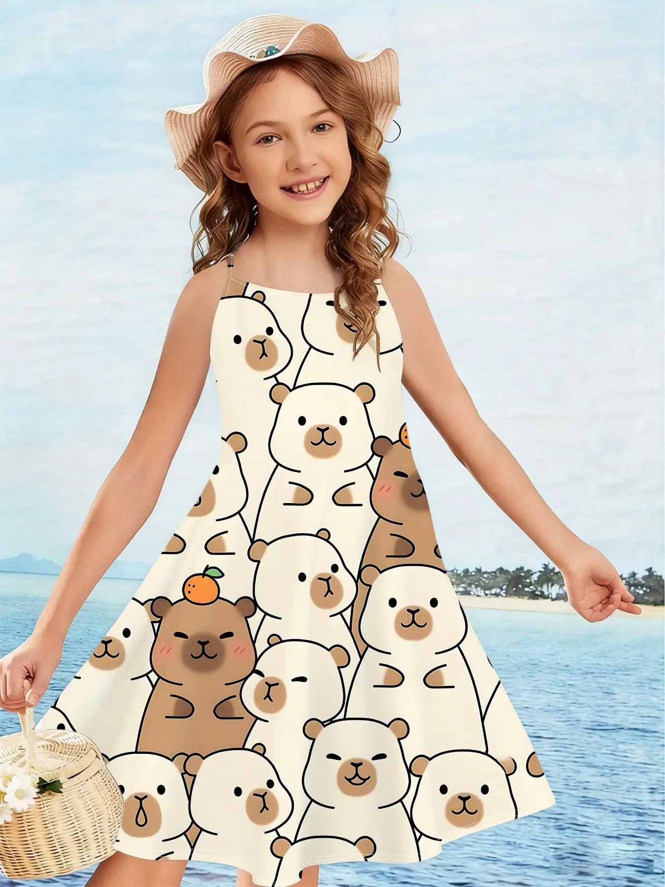 Girls' Capybara Series Tank Dress, Off- Full Print Cartoon Pattern, Sleeveless A-Line Summer Dress, Casual Loose-Fitting Style, Loose Sundress