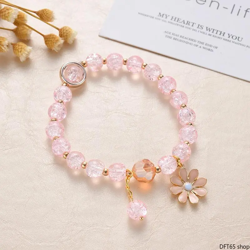 Pink Crystal Daisy Sunflower Beaded Bracelet Mixed Smooth Natural Stone Charms Elastic Stretch Cord Uniform Polished Bead Surface Lightweight Flexible Strand For Women Daily Soft Floral Versatile Decorative Wrist Accessory