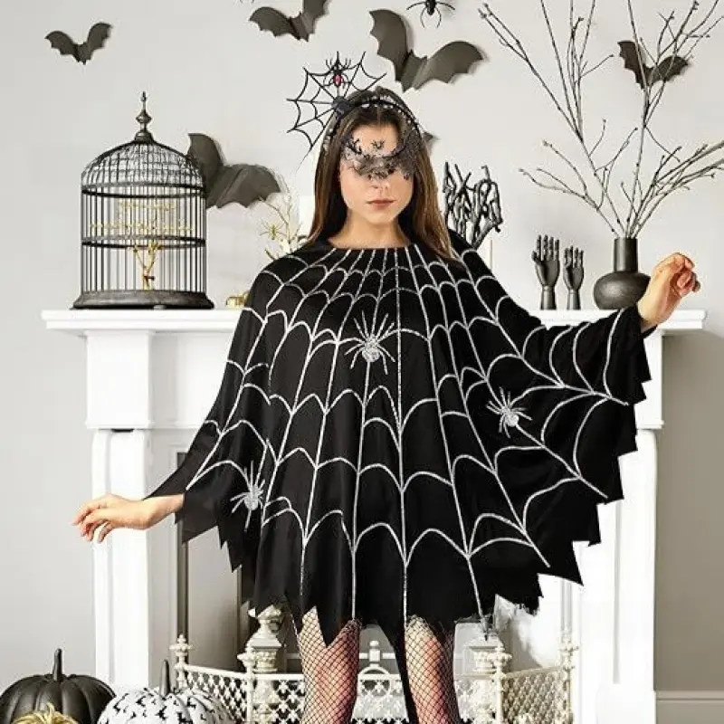 Shawl Cape with Layered Edges, Long Length & Vivid Spiders - Spider-Themed Halloween Cosplay Costume for Masquerade Party Role Play