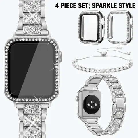 Rhinestone Decor Watch Band & Jewelry Bracelet Set, Wearable Accessories, 4 Counts/Set Watch Band with 2 Bling Case Cover, Smartwatch Accessories for Apple Watch 9 8 7 6 5 4 3 2 1 SE (Band Only)