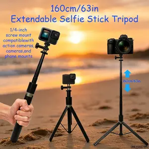 160cm/63inch Extendable Selfie Stick Tripod, Handheld with 1/4 Inch Screw Interface, Compatible with Action Camera, Phone Holder, Portable Vlog Travel Gear