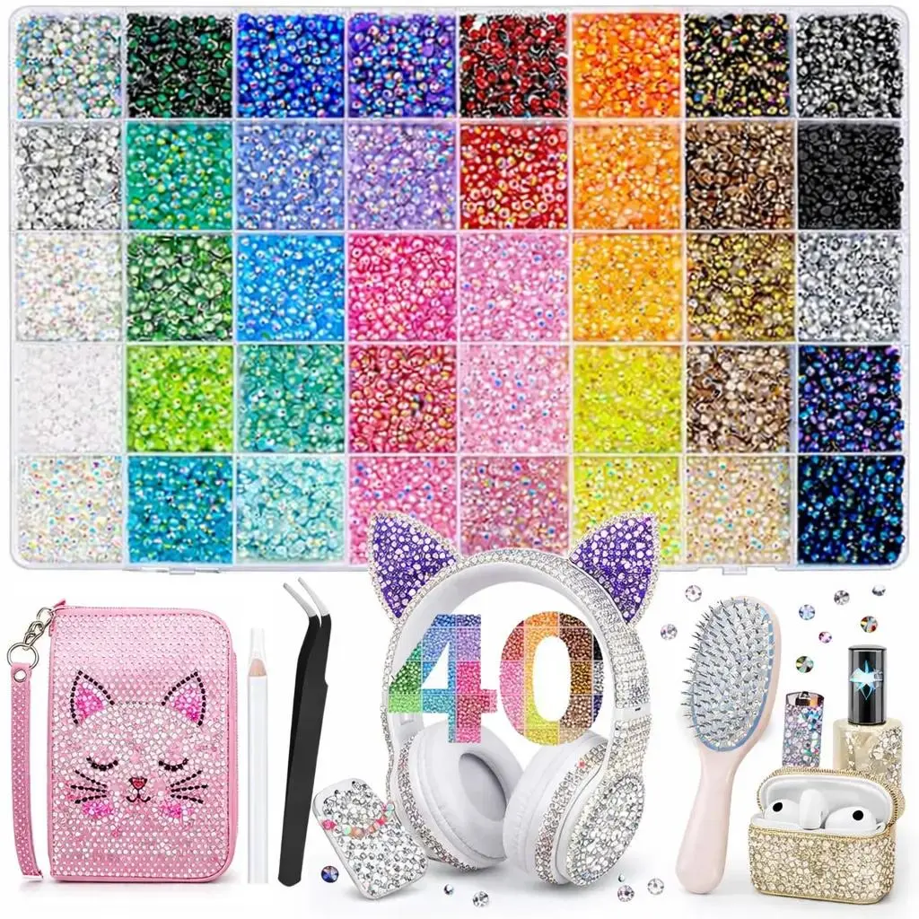 40 Color with 40000Pcs Jelly Rhinestones synthetic beads With Kit for Bedazzling 3mm Multicolor synthetic beads Resin Flatback beads for Art Bedazzler Kit for Crafting Book Shoes Nail Art Glitter Decorative Nails Glam Pack Glitter