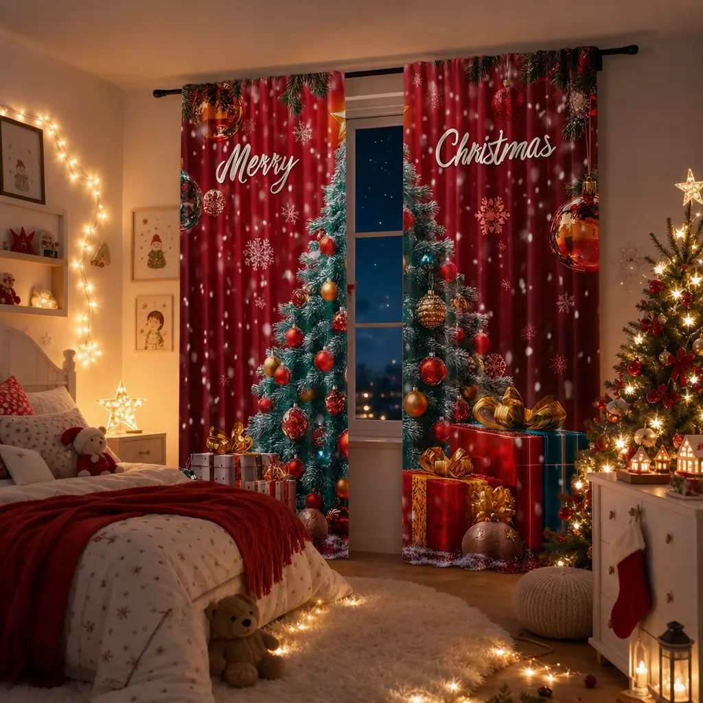 Two-Piece Christmas Window Curtains with Pine Tree and Christmas Ball Snowflake Design, Semi-Blackout Polyester Holiday Decor for Kitchen Bedroom Office Living Room