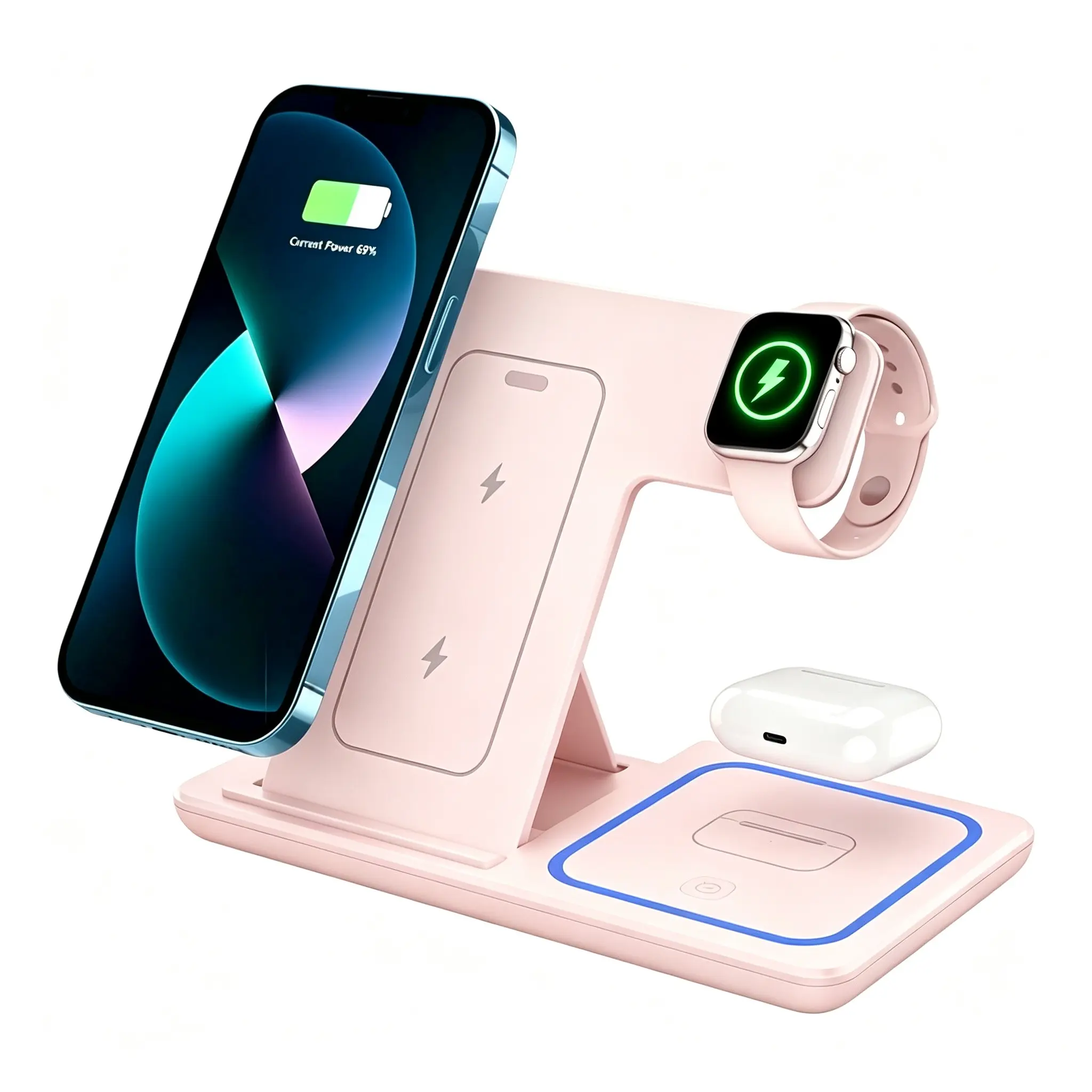 Foldable Portable 3-in-1 Wireless Charging Station Dock | For Travel & Desktop Use, Safe Charging for iPhone 11-17 Pro/Max, Apple Watch & AirPods, 15W Multi-Function Wireless Charger.