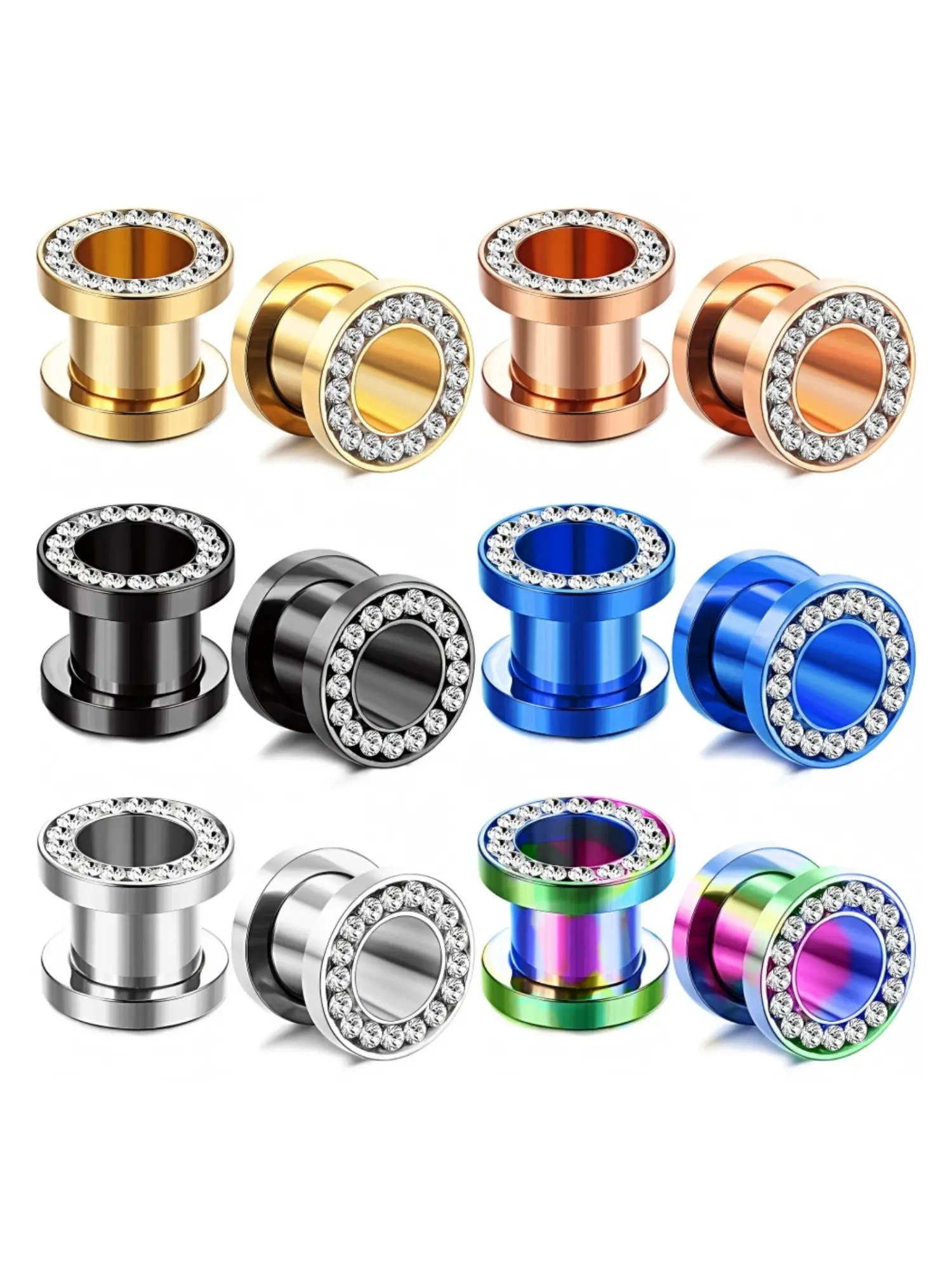 6 Pairs Minimal Dark Stacked Ear Ornaments, Earring, 316L Stainless Steel Ear Gauges for Women Men Multi-Size Double Flare Screw Thread Ear Lobe Stretcher Assortment Pack Varied Ear Stretching Plug Bundle for Edgy Dark Body Piercings