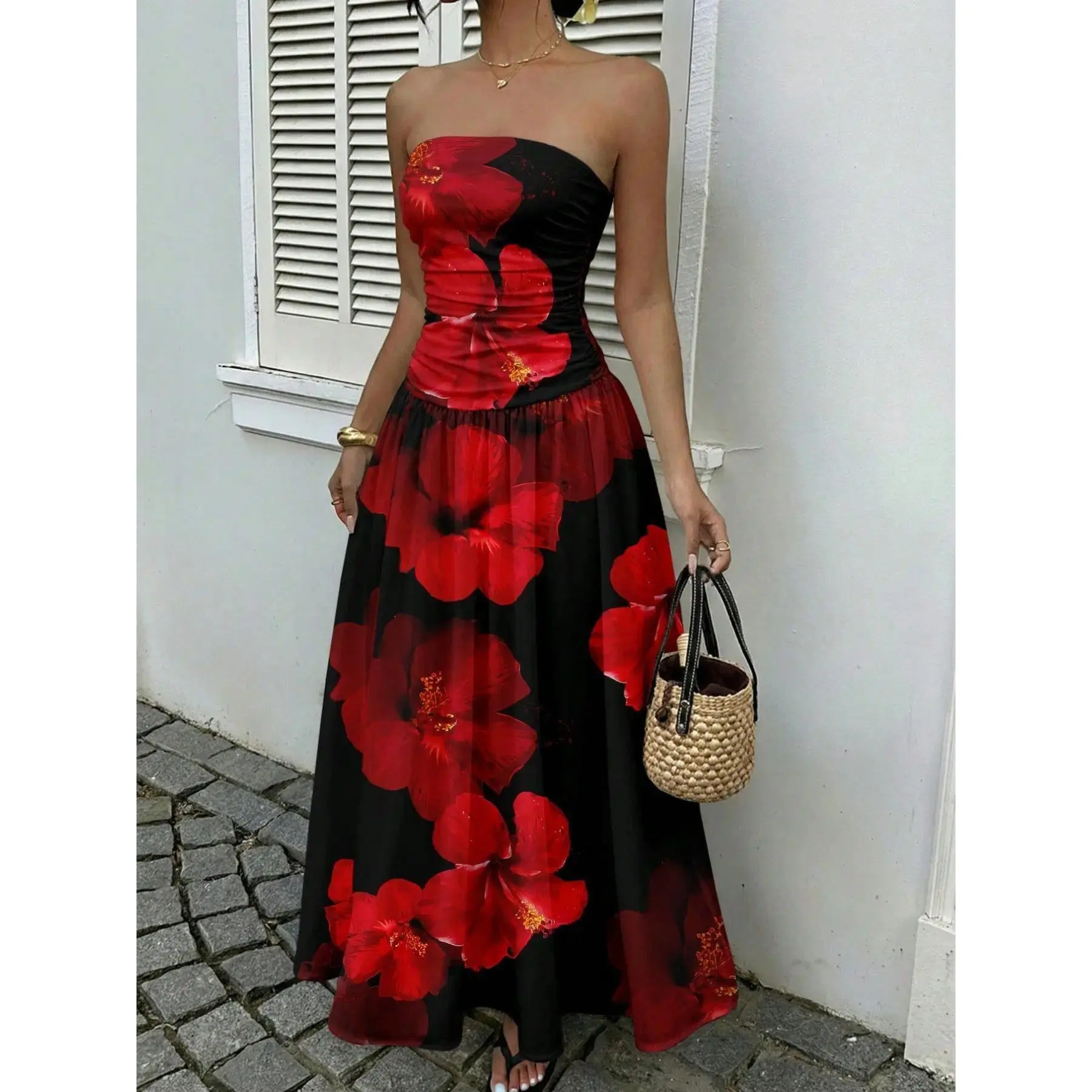 Strapless Polka Dot Maxi Dress Women Elegant Sleeveless Chic Party Dress Stylish Formal Evening Casual Outfit