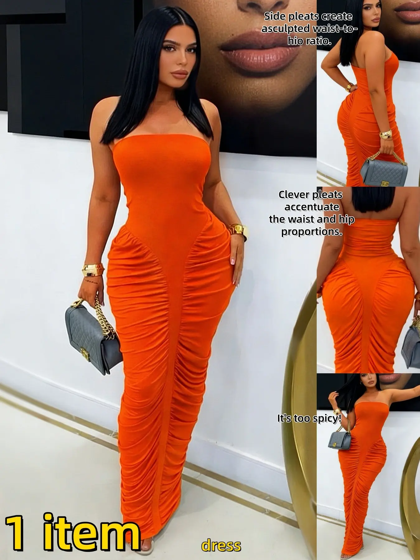 Women's Sexy Bodycon Elegant Slim Fitting Sleeveless Strapless Long Dress, Wrap Front Pleated Plain Fashion Casual Gown, Party Wear Evening Dress