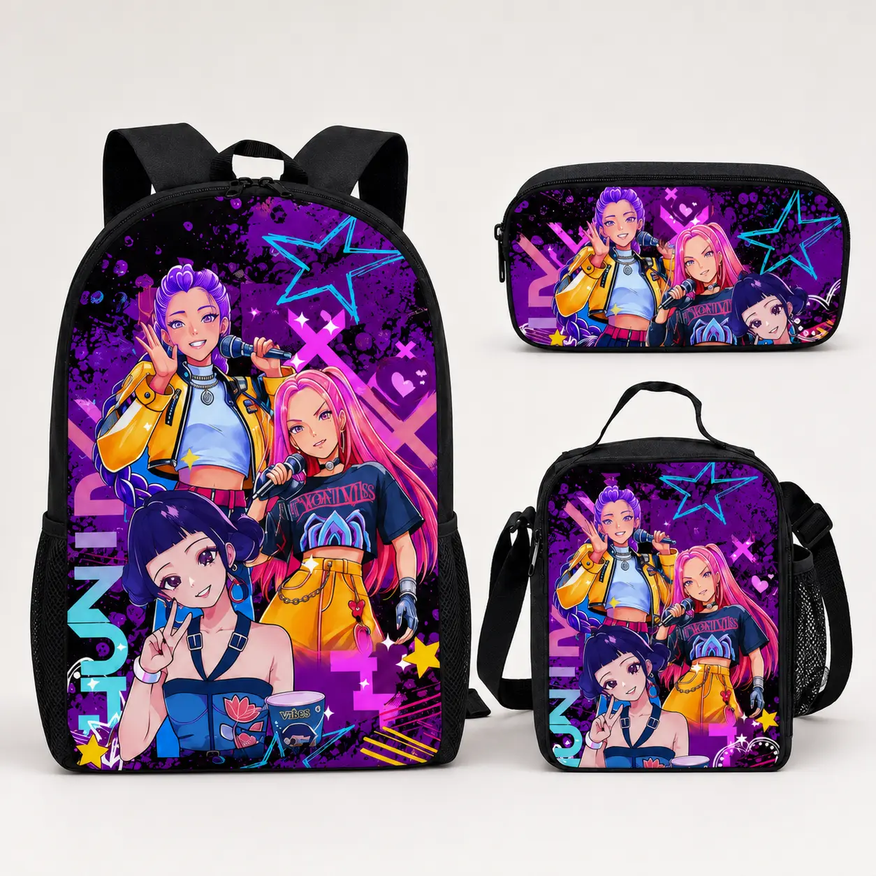 3D Idol Girl Group K-Pop Backpack Set, Backpack Only or 3-Piece Kids School Bookbag with Lunch Bag & Pencil Case, Purple Music Star Back to School Set for Girls