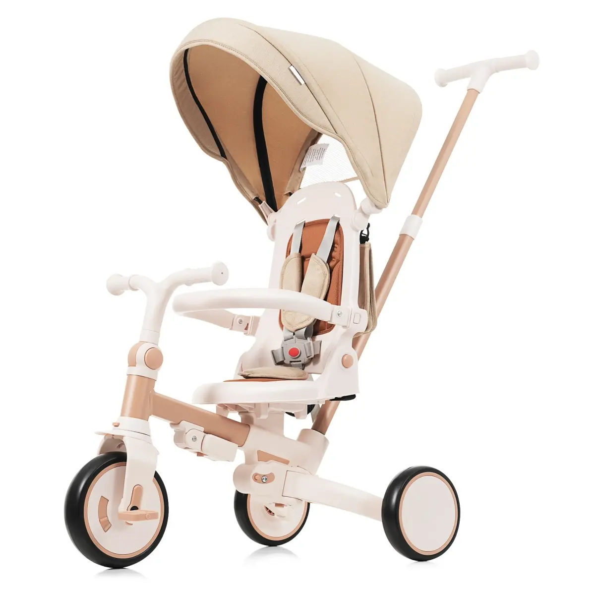 Foldable Toddler Tricycle with Removable and Adjustable Parent Handle, 7 in 1 Baby Tricycle, Toddler Push Bike with Removable Pedal, Canopy, and Guardrail, Tricycle for 12-72 Months, light brown