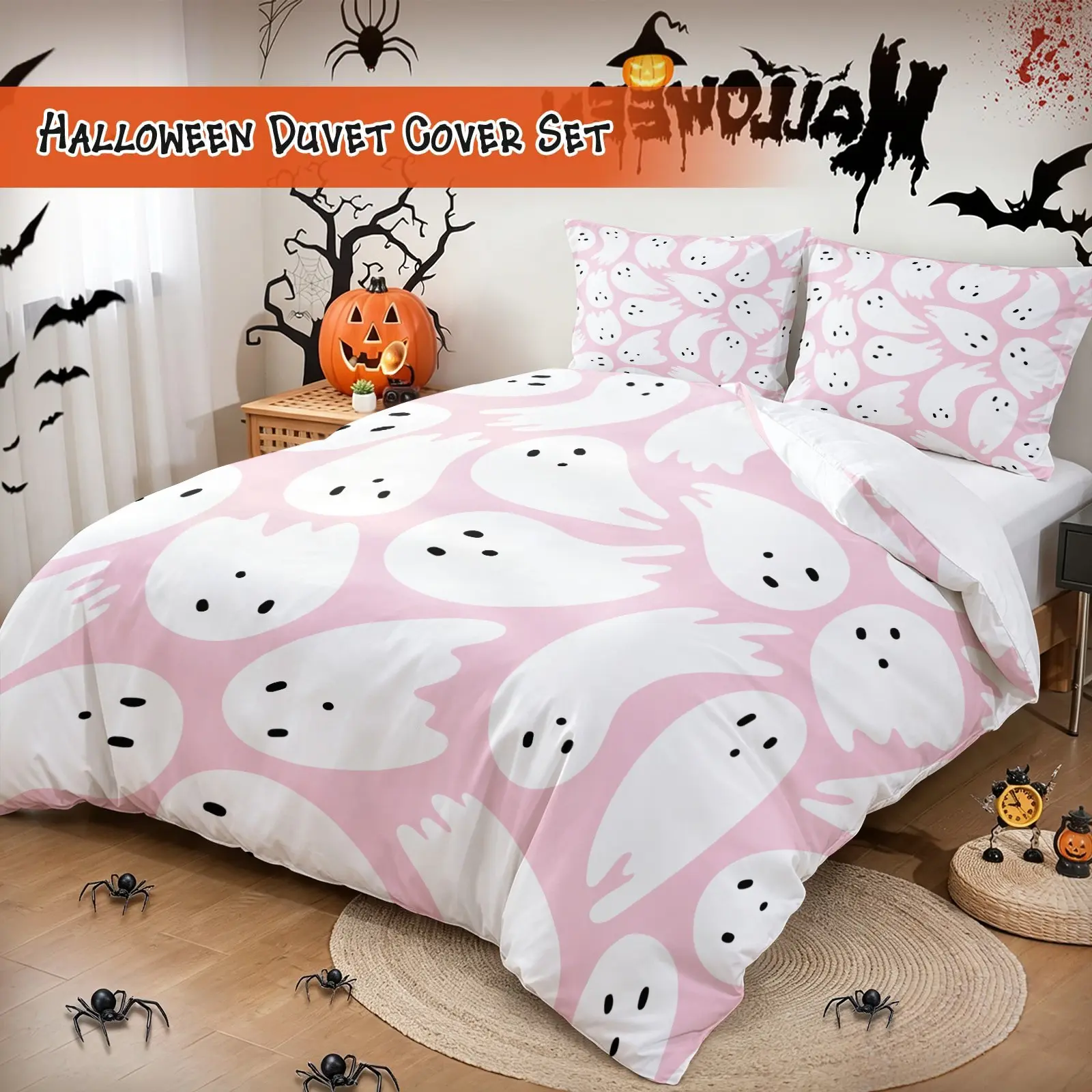 Aesthetic Spooky‑Cute Pink White‑Ghost Halloween Duvet Cover Set, Include 1 No‑filling Duvet Cover and 1 or 2 Pillowcases, Girly‑style Bedding, Suitable for Holiday Gifts, Dormitory, Bedroom and Apartment Home‑use