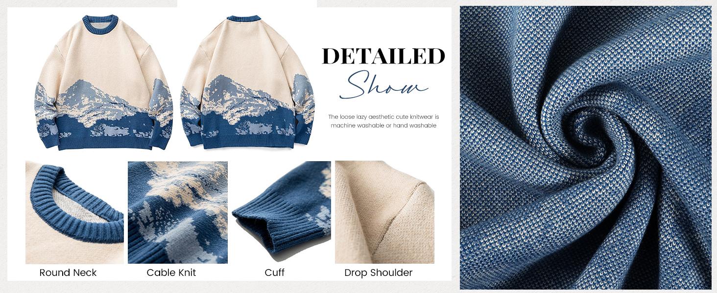 Gihuo Unisex Men Women Oversized Dinosaur Pattern Casual Cable Knit Pullover Soft Cotton Crewneck Sweater Long Sleeve B-Black Knitted Outfit for Spring Fall Winter