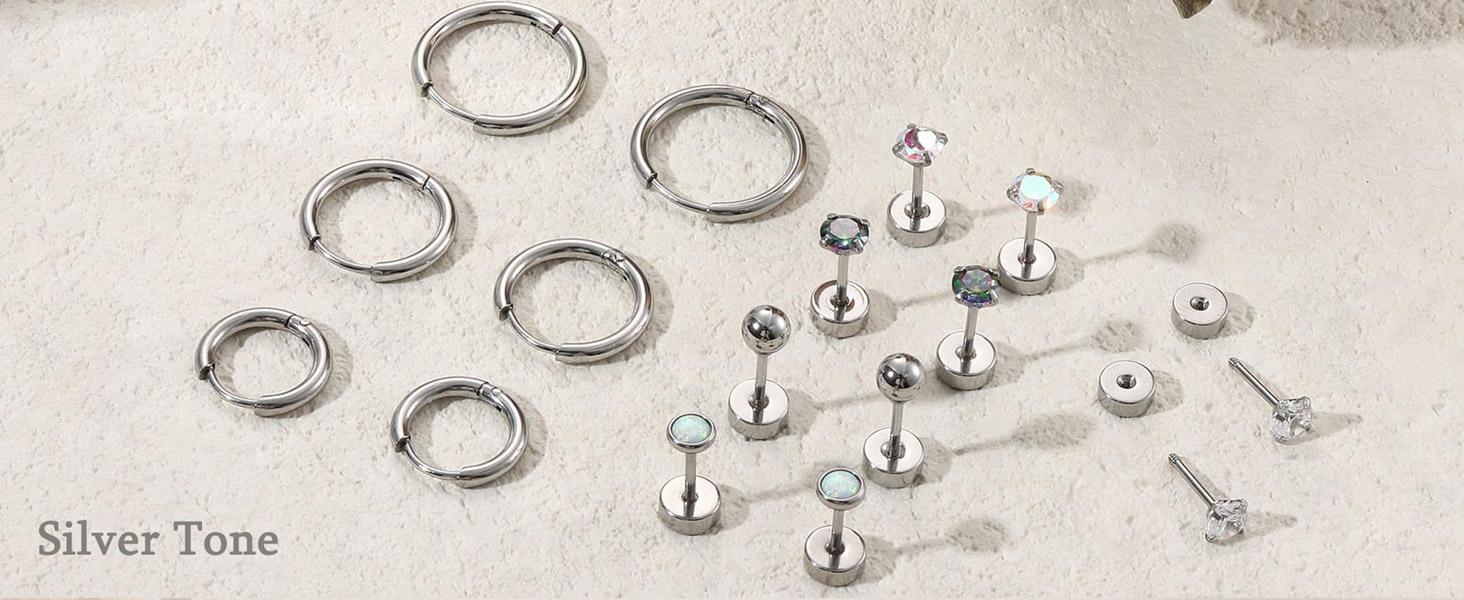 Trendy  Surgical Steel Earrings for Sensitive Ears Hypoallergenic 20G Stainless Steel Stud Hoop Earrings for Women Men Small Opal Ball CZ Surgical Steel Flat Back Earrings Cartilage Earrings Hoop Stud