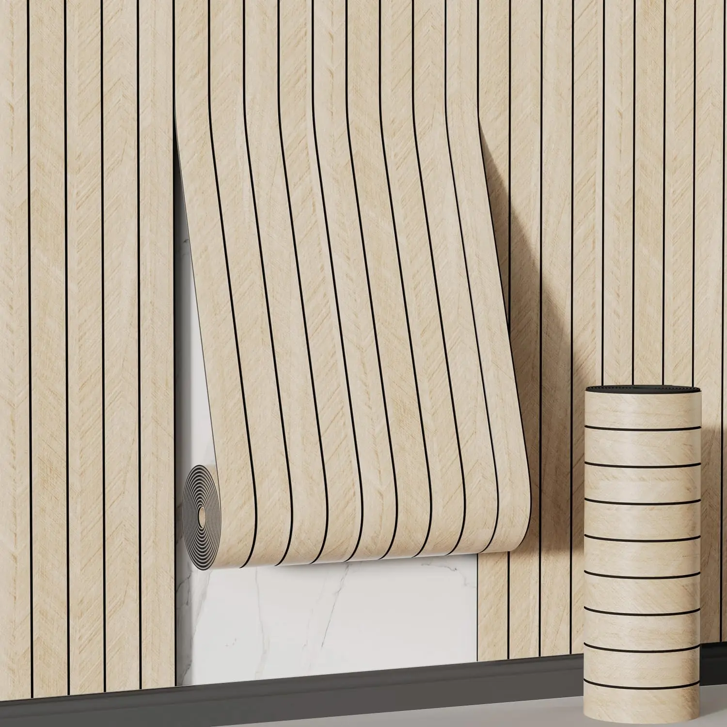 Peel and Stick Slat Wall Panels 15.7"x120, Self-Adhesive PVC Wood Grain Wallpaper Panel, 3D Thick Faux Soundproof Backsplash Accent Wall Tile for Walls & Furniture (Beige, Coverage 13 Sq.ft)