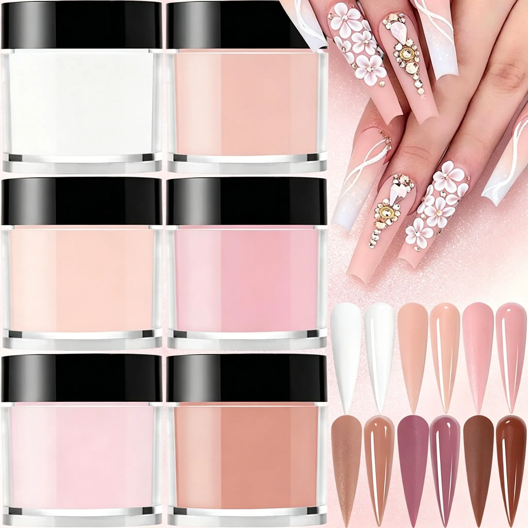 6 Colors Glitter Nail Carving Powder, Easy Shaping Acrylic Powder, For Nail Extension & 3D Manicure Art DIY Salon Use, Nail Art Supplies