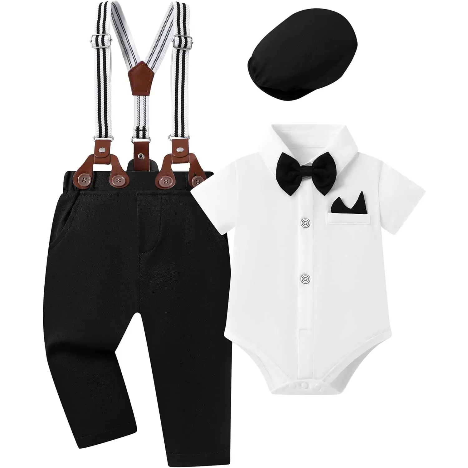 Baby Boy Clothes Suits Infant Tuxedo Gentleman Dress Shirt with Bowtie Beret Suspender Pants Outfit Sets 0-18M