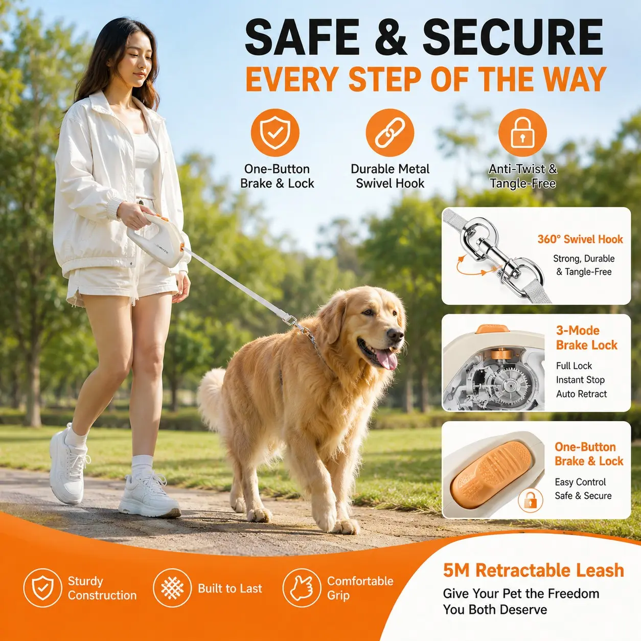 5m Retractable Dog Leash with One-Button Brake & Lock, 360° Swivel Hook, Anti-Tangle W-Shaped Rope, Ergonomic Handle for Small & Medium Dogs