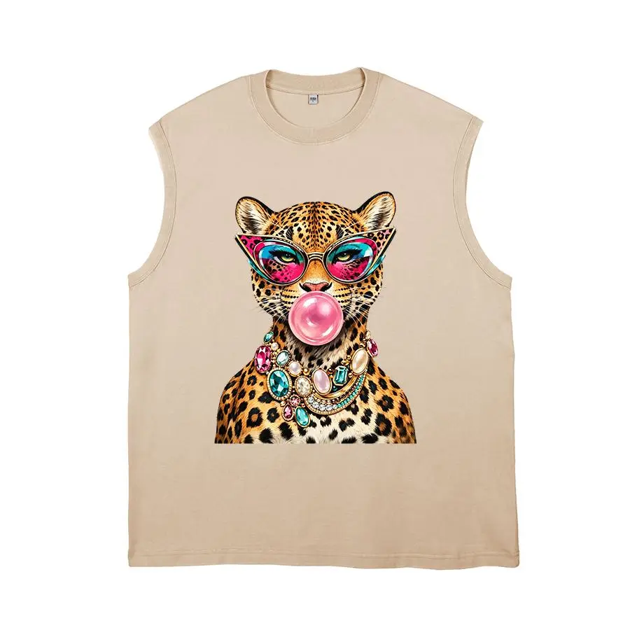 Men's Graphic Tank Top, Chic Cartoon Cheetah Print Cotton Sleeveless Shirt, Cute Sexy Bubblegum Design for Party, Trending Clothes, Sleeveless Tank Top, Graphic Tee, Animal Print,clothes for back to school,first day of school outfits