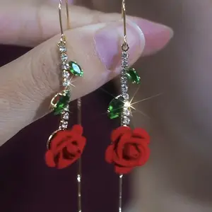 2026 New Elegant Retro Red Rose Flower Earrings, Light Luxury, High-End Fashion, Versatile, Face-Slimming Ear Line E50236-EH