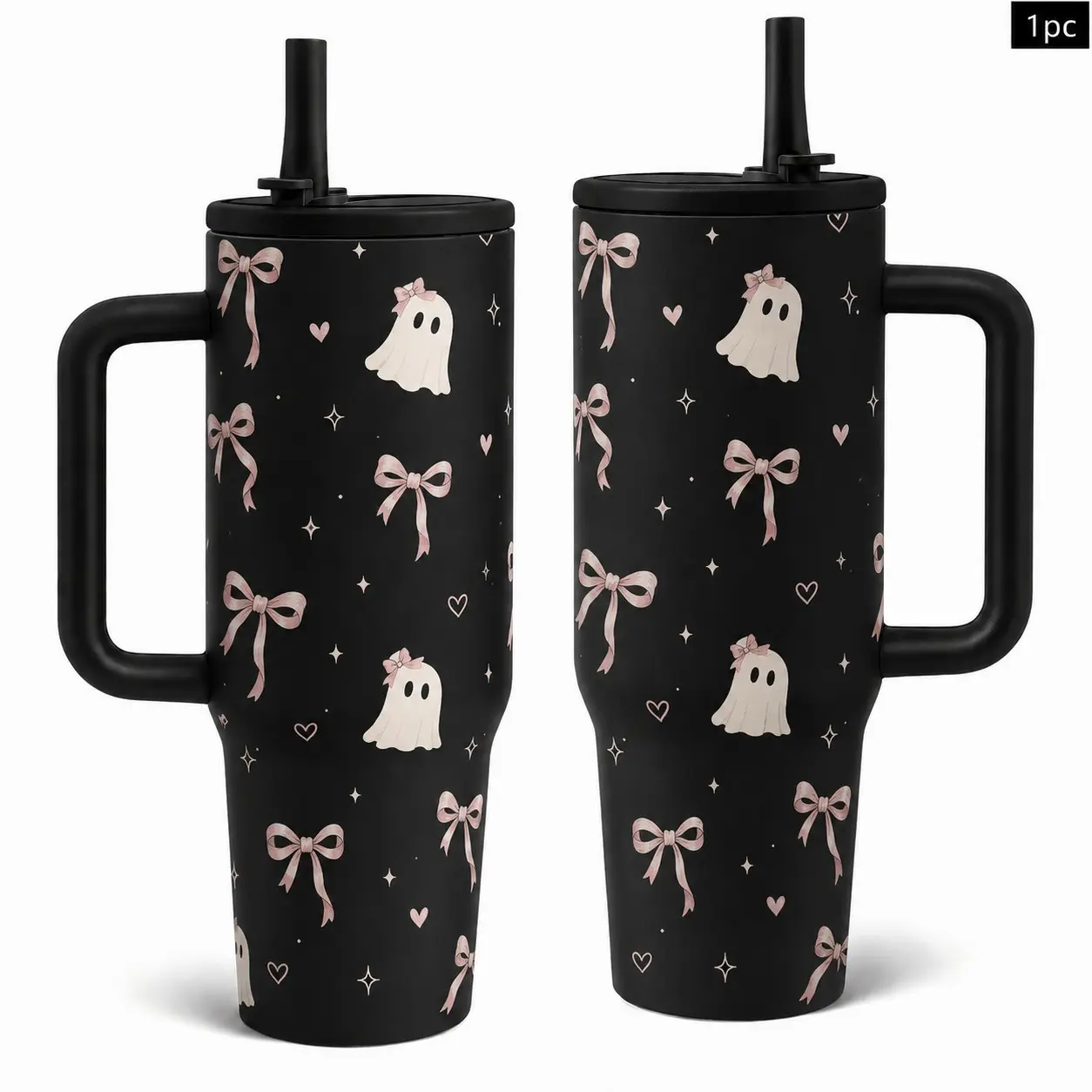 1PC 40oz Cute Ghost Pink Bow Heart Pattern Insulated Leak Resistant Tumbler with Handle & Straw, Leak-Proof Lid, Double Wall Vacuum Stainless Steel Travel Mug, Hot 12H Cold 24H, Large Capacity Cup for Men and Women, Halloween Gift