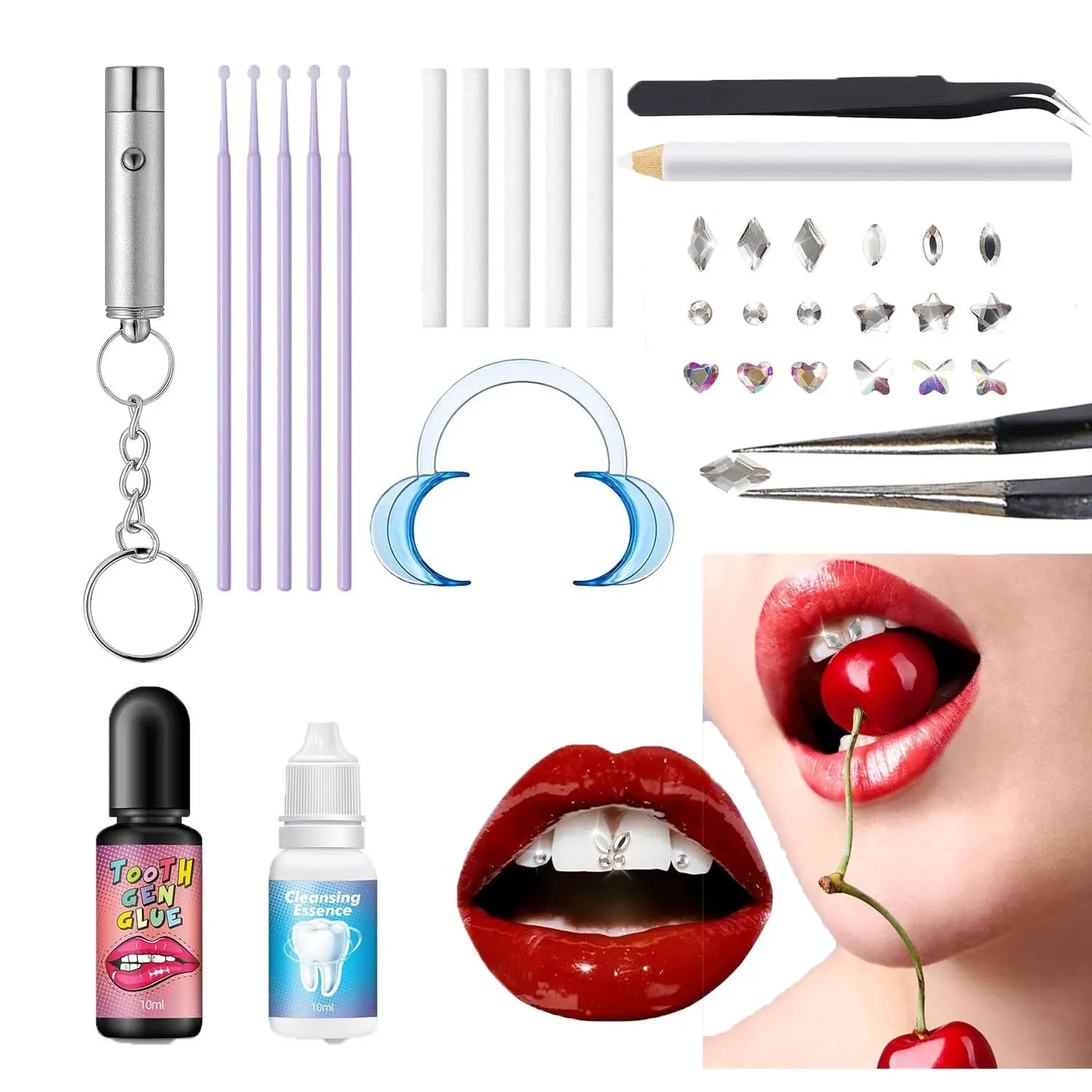 All-in-One Tooth Gem Kit, DIY Temporary Teeth Jewelry Set with UV Light, Tooth Gem Adhesive Glue, Multi-Style Gems and Complete Application Tools, Safe Non-Toxic Reusable Teeth Decoration Accessories for Beginners Home Salon UseDIY Tooth Gem Crystal Jewel