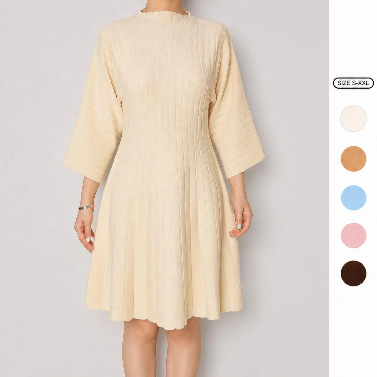 Imily Bela Womens Vertical Rib Striped Knit Dress Semi High Neck 3/4 Sleeve Fit Flare Casual Sweater Dress Casual Elegant A Line Dresses
