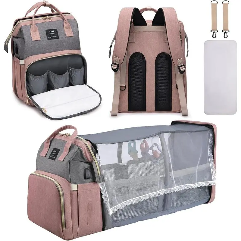 Diaper Bag Backpack, Multifunctional Baby Diaper Bag, Diaper Changing Station for Boys Girls, Large Capacity Travel Outdoorfun Baby diaperBags for Mom Dad with Insulated Pocket & Strap bag unisex boy diaper bag Waterproof Diaper Backpack pink grey