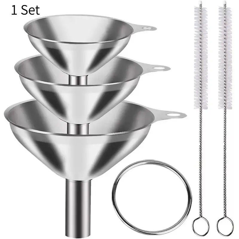 3Pcs Stainless Steel Funnel Set with Cleaning Brush, Mini Funnel Oil Funnel Wine Funnel, All-in-One Liquid Dispenser Kitchen Gadget Multifunctional Kitchen Tools Cooking Utensils