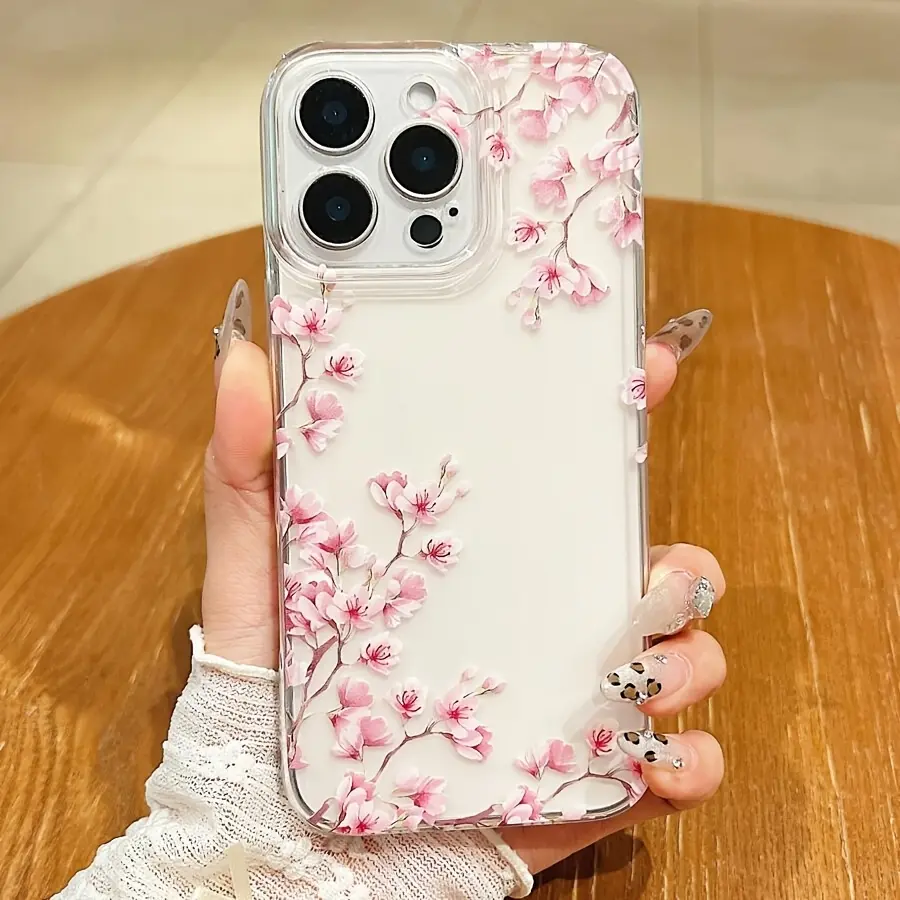 Phone Case: Vibrant Cherry Blossom Pattern, Transparent, Clear TPU Full-coverage Drop-proof Soft Case Protector, Suitable for iPhone 17 16/XR/11/12/13/14/15 Plus Pro Max/PLUS and Other Apple Models, Durable, Stain-resistant, Anti-fingerprint