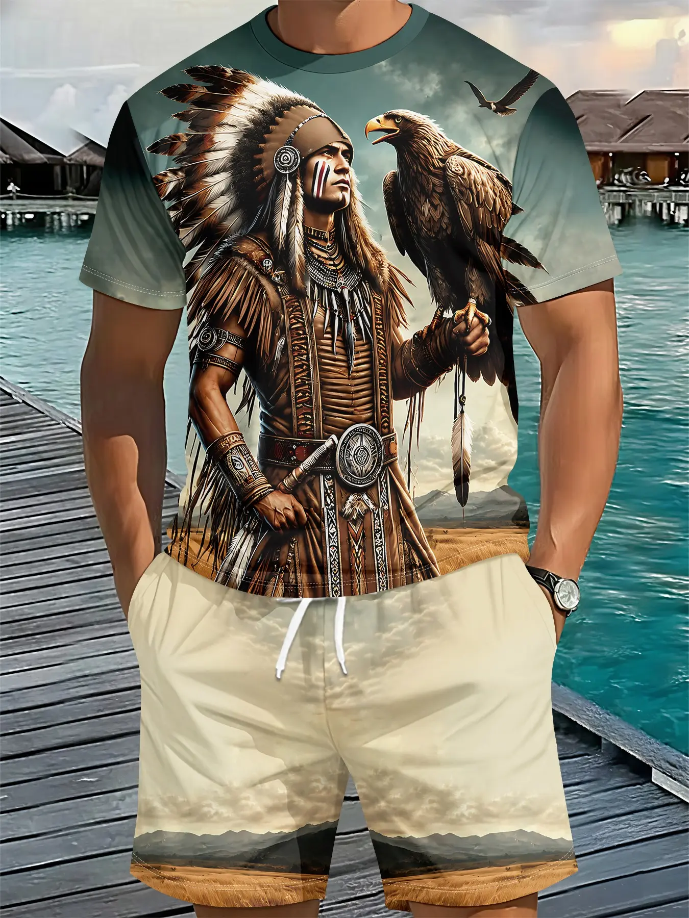 Vintage Ethnic Print 3D Digital Print 2-Piece Set Casual Matching Sets with Native American Chief Eagle Pattern, 2Pcs, Trendy Fashion Outfit, Retro Casual 2-Piece Suit, Stylish Vacation Wear, Breathable Sports Casual Style, Perfect Holiday Gift for Men