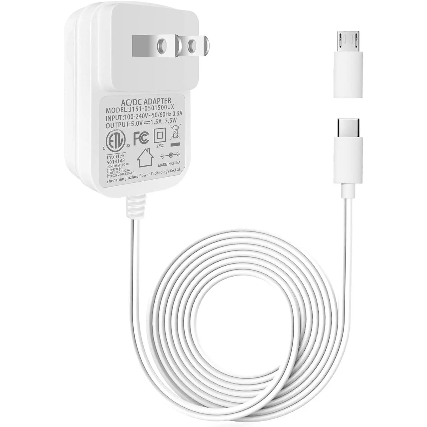 5V 1.5A Power , 5Volt Charger with Type C and  USB Ports, for 5  Kindle, Smartphones, Cameras, LED Strips, Android Tablets etc. AC 100-240V to DC 5V 1.5A 1A 0.5A 7.5W Power Adapter.