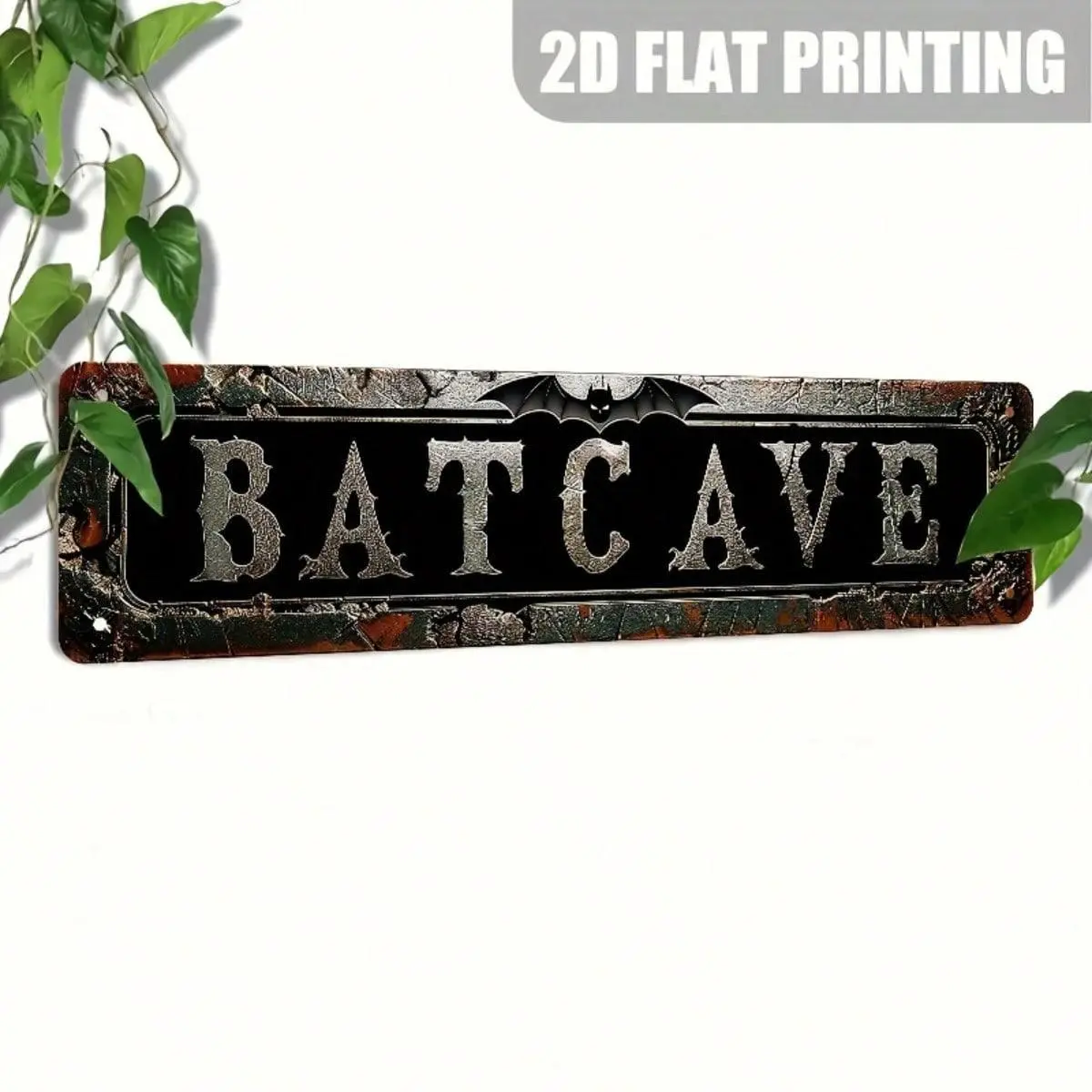 Rectangular Vintage Bat Cave Logo Print Tin Metal Wall Decor Plaque - 16x4 in, Durable Lightweight, Pre-Drilled Holes for Easy Install, Classic Halloween Door Signage, Home Decor Products, Office Accent, Decorative Plaque, Home Pub