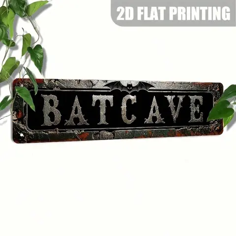 Vintage Rectangular Bat Cave Logo Retro Tin Decorative Plaque - 16x4 in, Durable Lightweight, Pre-Drilled Holes for Easy Install, Halloween-Ready Home Accessory, Wall Art, Home Decor Sign, Shelf/Tabletop Mount