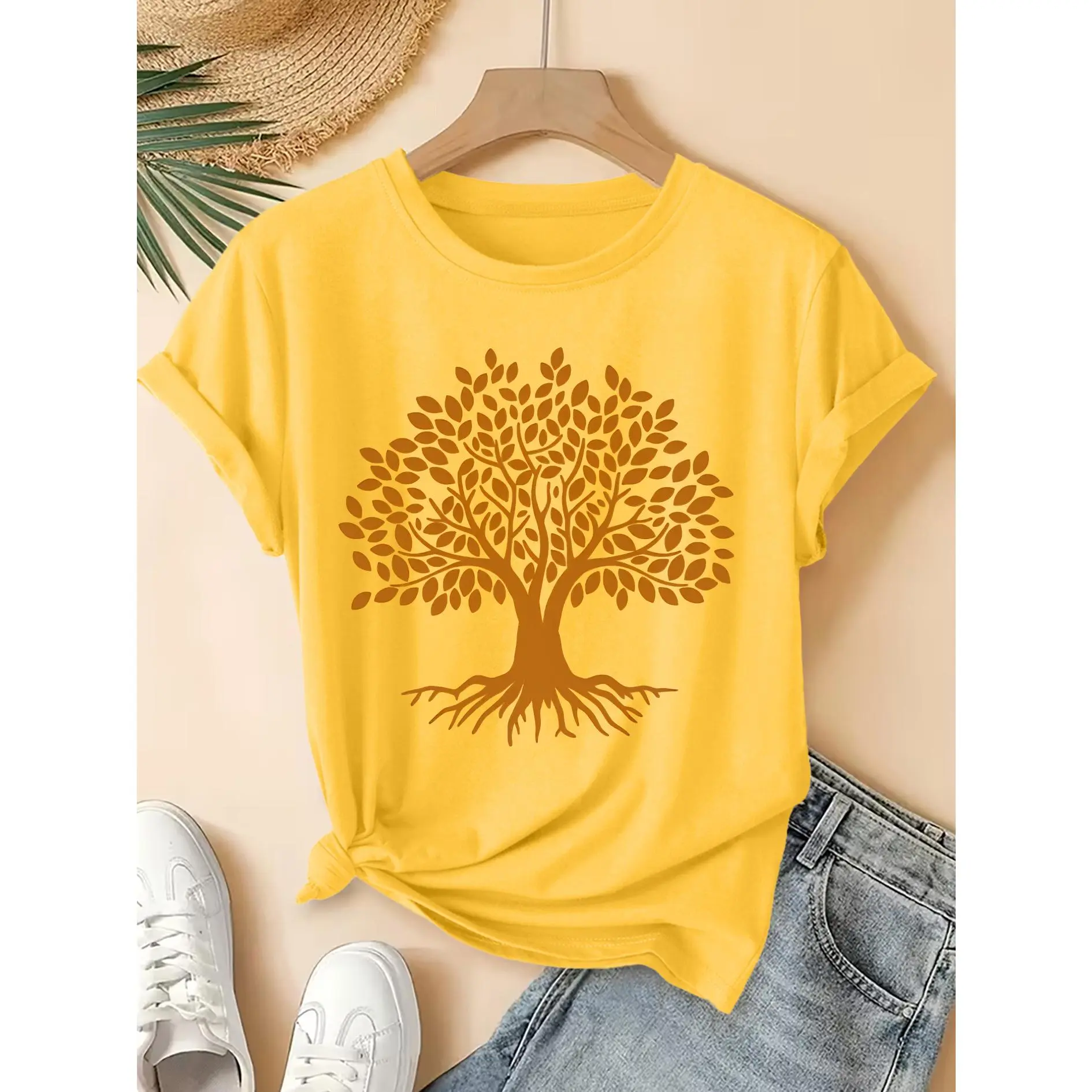 2026 Spring/Summer New Women'S Round Neck Brown Tree of Life Print Short Sleeve T-Shirt, Vintage Distressed Style Casual Athletic Top, Soft Fabric High Quality Women'S Clothing | Fun Quirky Design | Playful Youthful Top