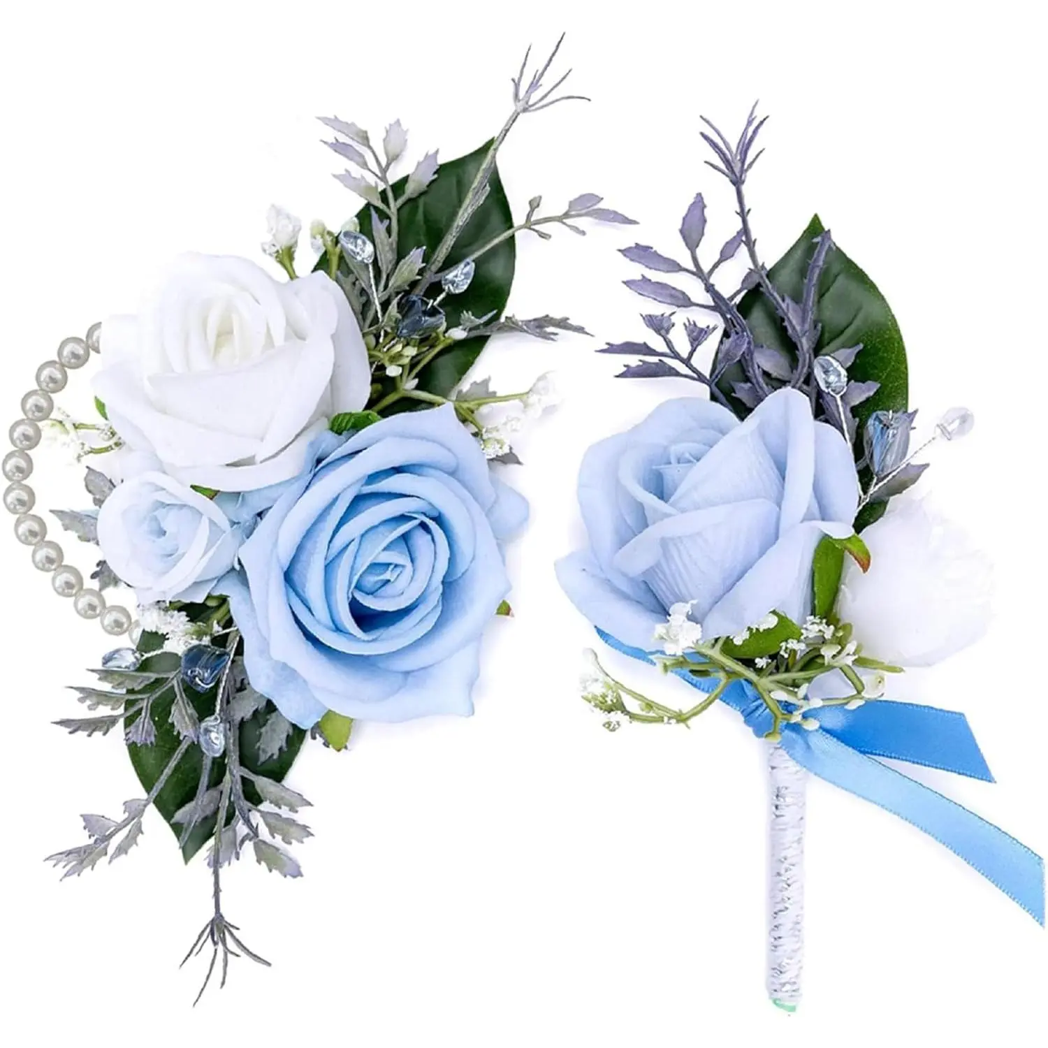 Handmade Satin Rose Wrist Corsage and Boutonniere Set, 2-Piece with Elastic Pearl Bracelet, Romantic Wrist Corsages for Bride, Wedding, Prom, Beach, Formal, Bohemian Style