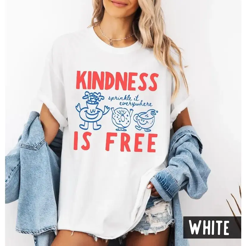 [Sale Up To 50%] Women's Fitted Short-Sleeve Round Neck Casual Kindness Is Free Shirt, Funny Sprinkled Doughnut Empathy Casual Clothes Tee, Shortsleeve, Lace