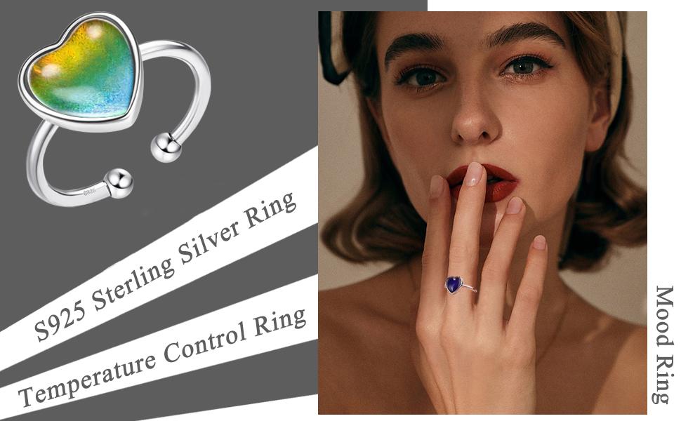 Adjustable 925 Sterling Silver Mood Ring for Women Temperature-Control Changeable Silver Rings Women Change Color Minimalist Delicate Rings for Women Open Heart Ring for Girls