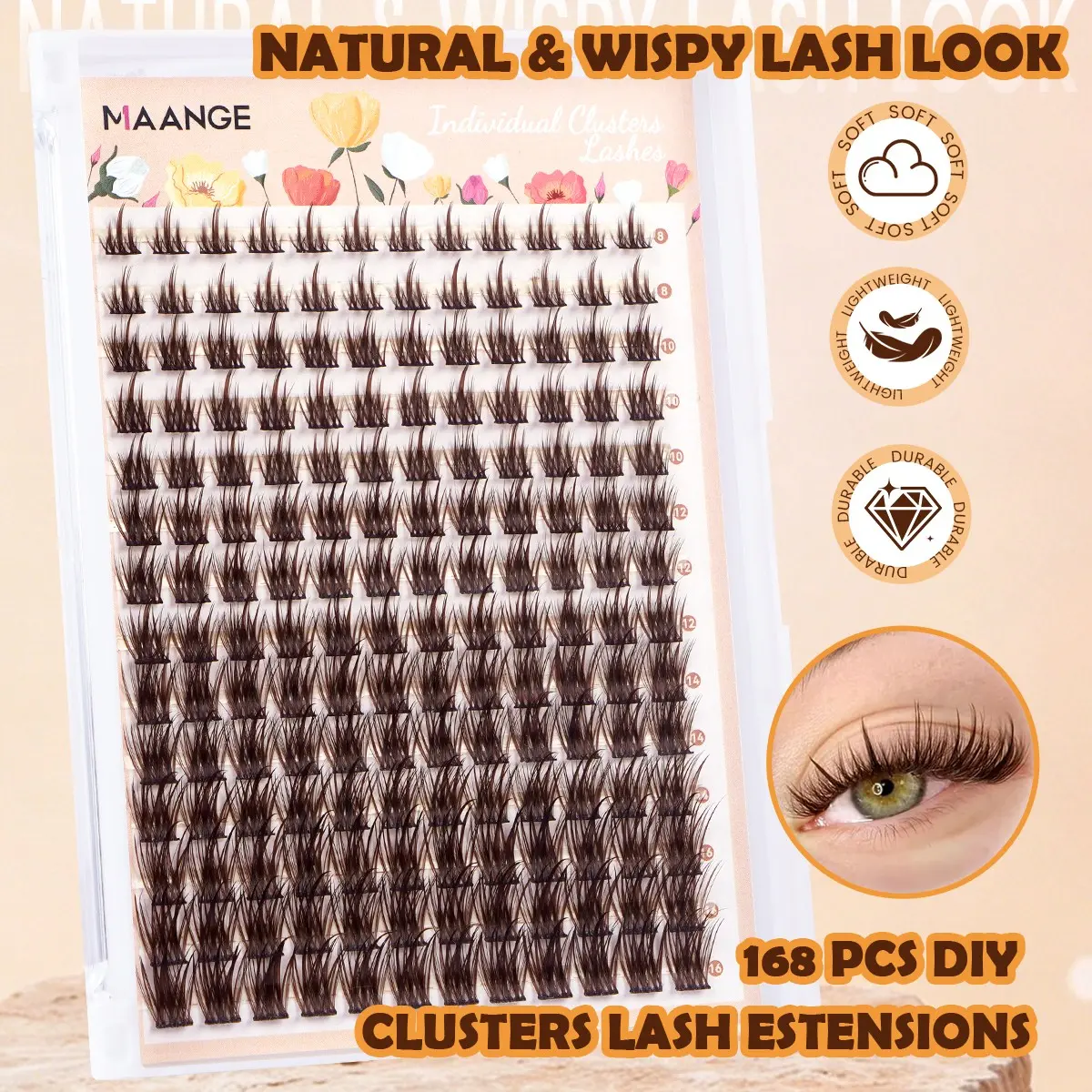 MAANGE 140/168 PCS Brown Individual Lash Clusters, Soft Faux Mink DIY Eyelash Extensions with Clear Thin Band, Natural Wispy Featherlight Design, Multi Lengths for Custom Look, Long Lasting Comfortable Segmented Lashes for Home Grafting & Daily Makeup