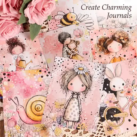 JAIIMAN 32pieces Bee and Girls in Garden Ephemera Junk Journal Paper, Craft Kit, Diy Craft Kit, for Arts Crafts, Scrapbooking Supplies, Scrapbook Materials, Picture Frame Decoration, Journaling Supplies, Notebook Covers, Card Making, Scrapbook Accessories