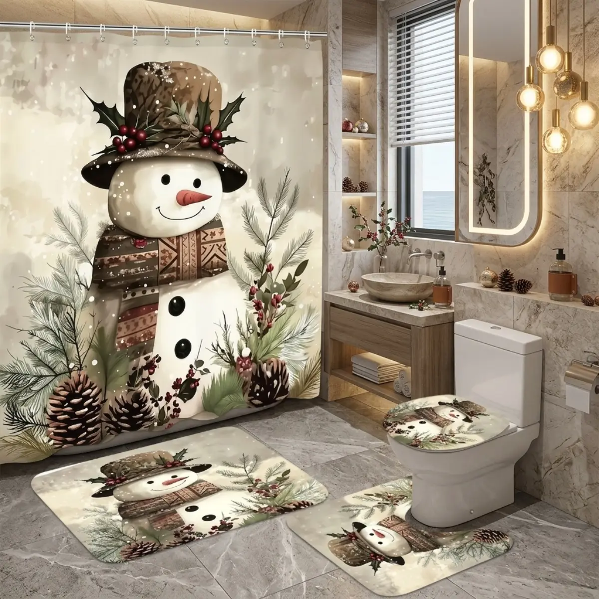 4pcs Snowman Christmas Shower Curtain Set, Winter Holiday Bathroom Decor, Rustic Pinecone Berry Plaid Snowman Bath Rug, Cozy Festive TikTok Shop Bathroom Makeover, Farmhouse Xmas Shower Curtain Decor