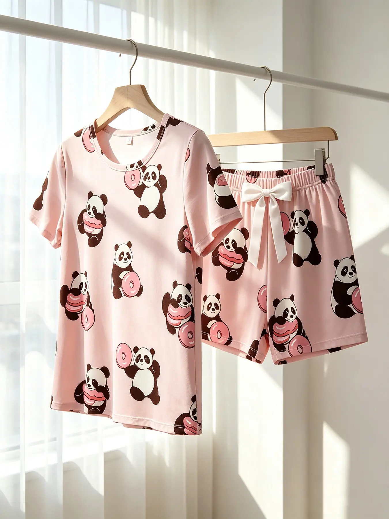 Women's Crew Neck Short Sleeve Top & Shorts Pajama Set, Pink Panda Donut Print, Spring Summer Wear, Casual Pajamas Set, Loose Slim Fit, Playful Girly Cute Kawaii Print Loungewear