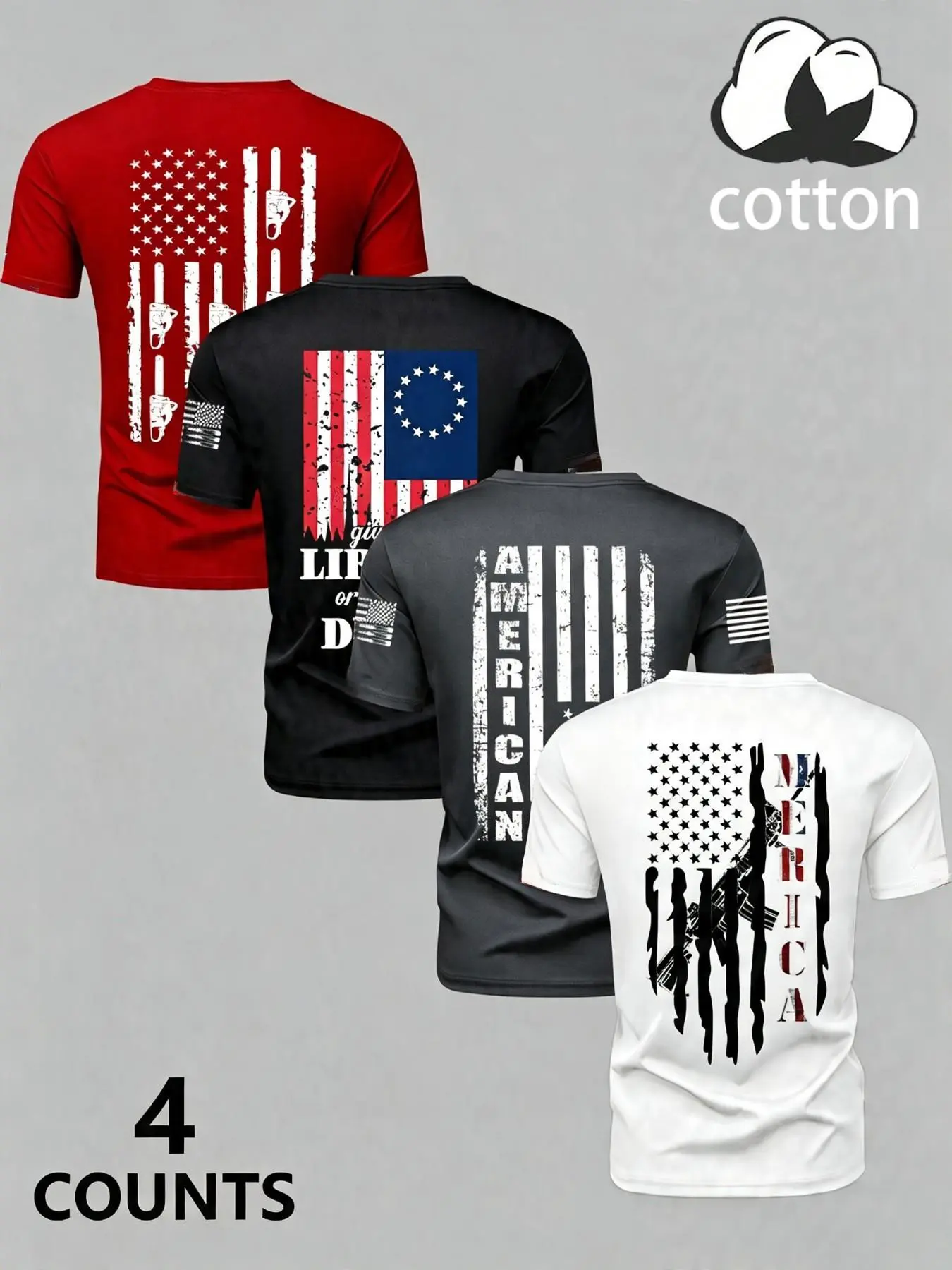 Large Size Men's 4-Pack 100% Cotton Loose Fit T-Shirts, Vintage Distressed American Flag Gun Print Back, Casual Long Sleeve Tops, Streetwear, Menswear
