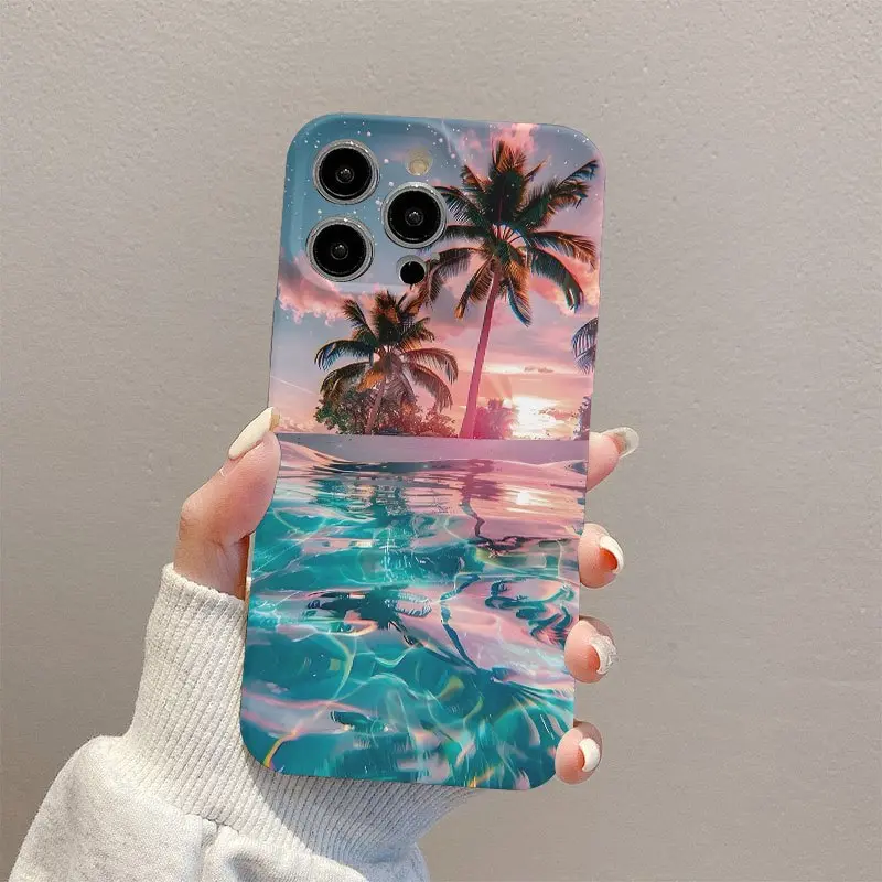 "Sunset, Coconut Palm, and Pool" pattern; durable, shock-absorbing, full-coverage glossy case with precision button cutouts; compatible with iPhone 17, 16, 15, 14, 13, 12, 11, and other series models.