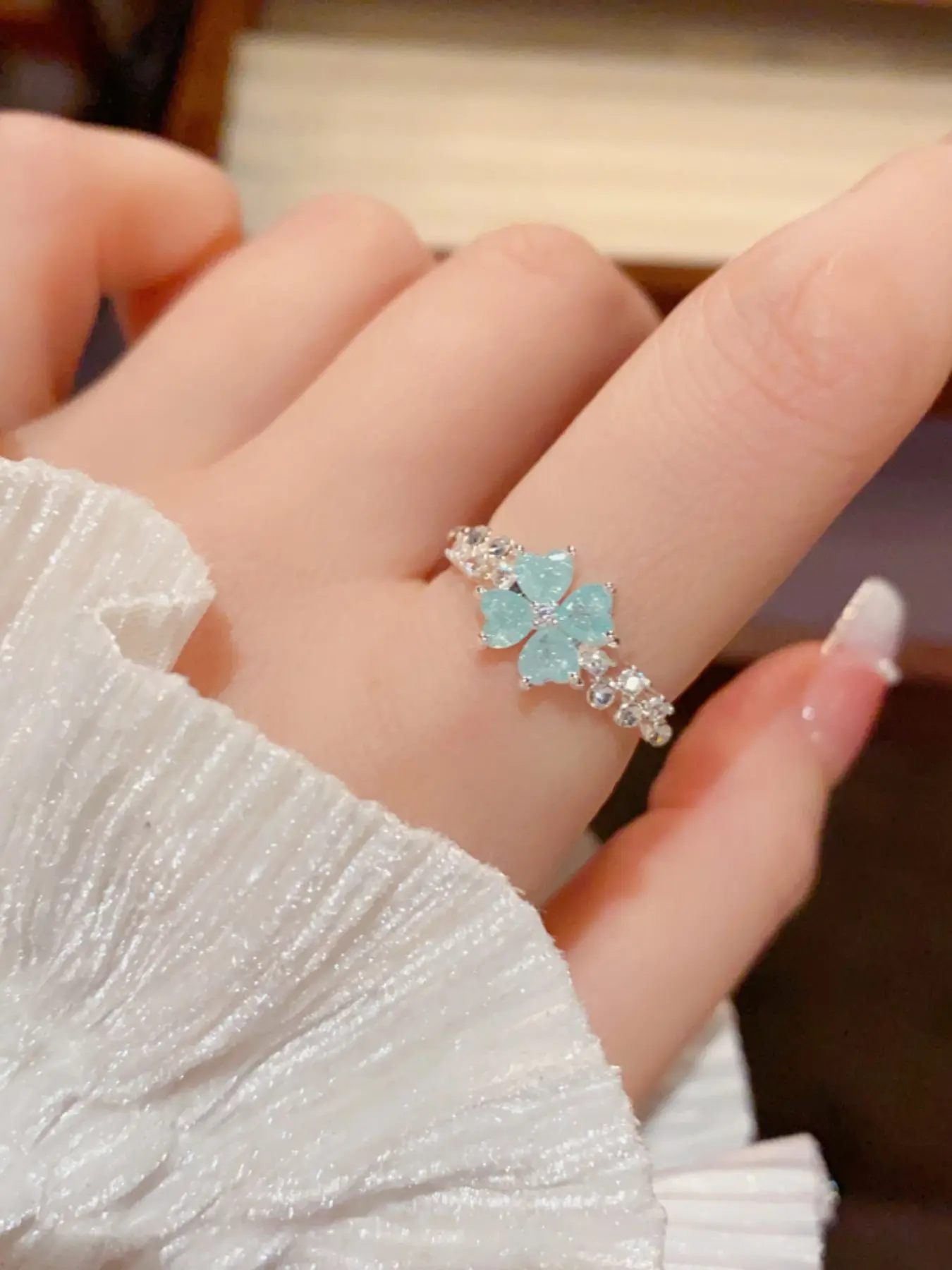 Summer New Fashion Versatile Small Fresh Thick Silver Four-Leaf Clover Open Ring, Unique Luxury Simple Design Ring, Trendy Jewelry, Beautiful Rings