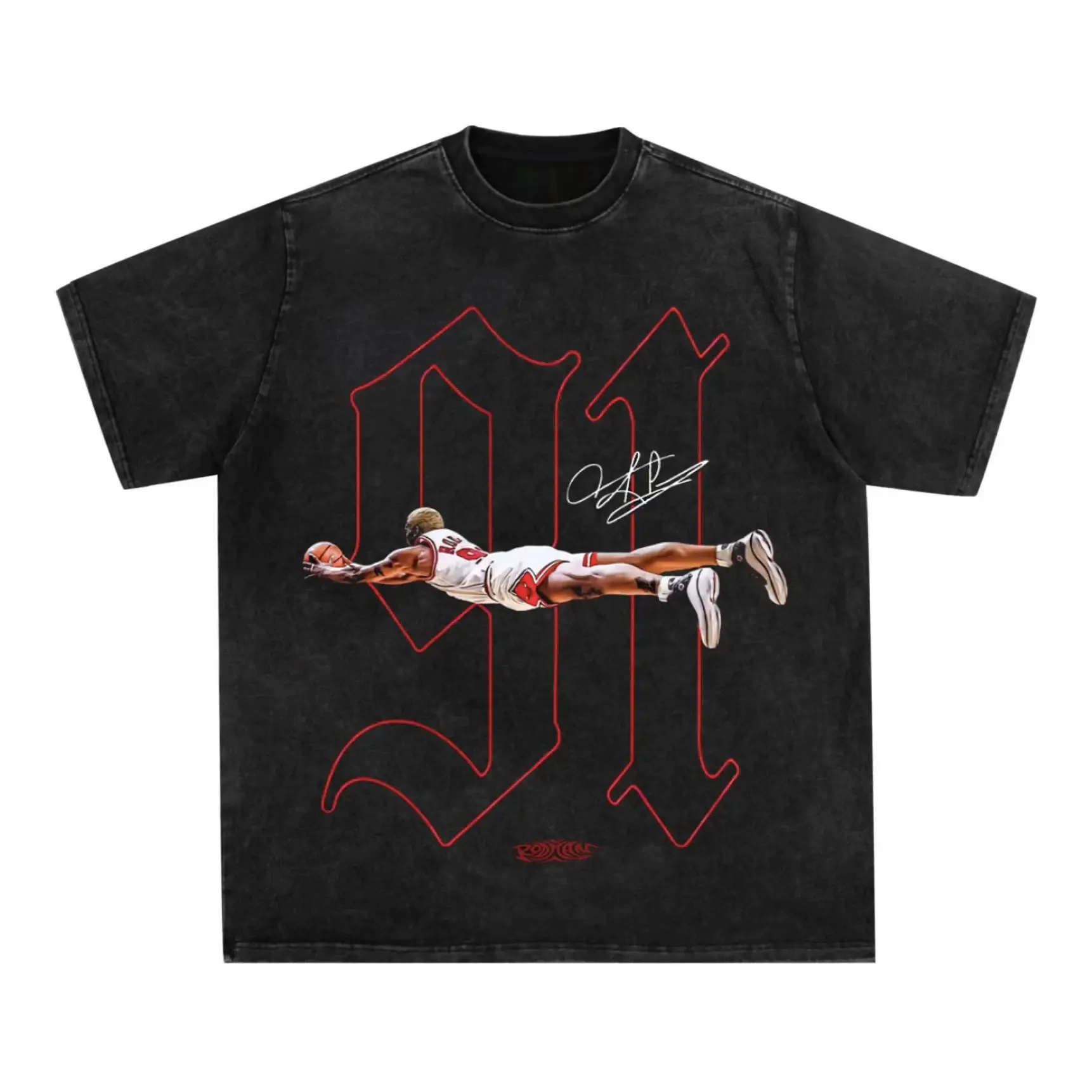 Men's Vintage Washed Black Loose Fit Cotton Crew-Neck Short Sleeve T-Shirt - Retro Airborne Basketball Pattern, Red Gothic Numeral Prints, Ideal for Street Style, Daily Outings