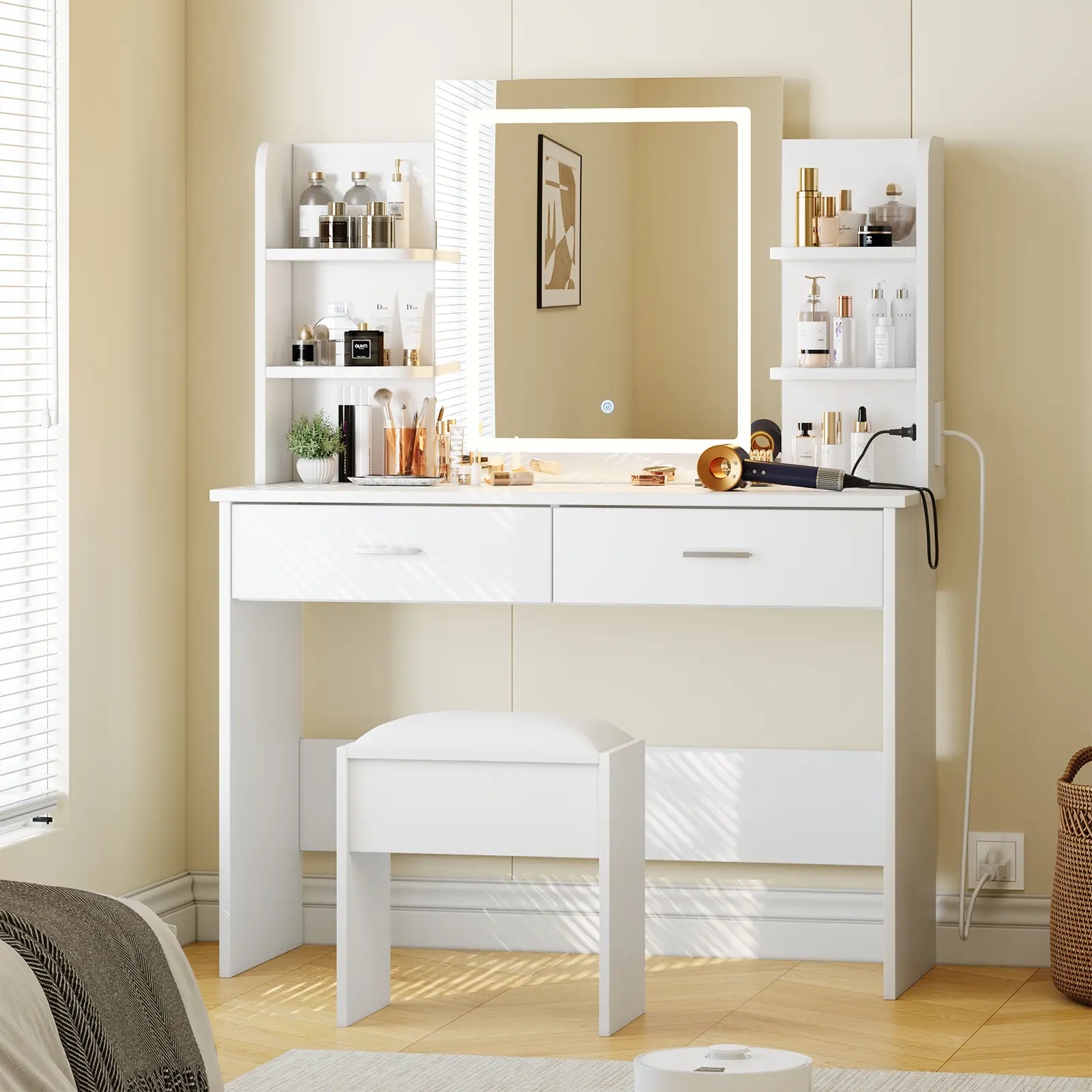 【Summer Sale】 Home items Makeup Vanity Desk with Lighted Mirror, Power Outlet, 3-Color LED Lights, 6 Storage Shelves, 2 Drawers, Cushioned Stool - Bedroom Dressing Table Set